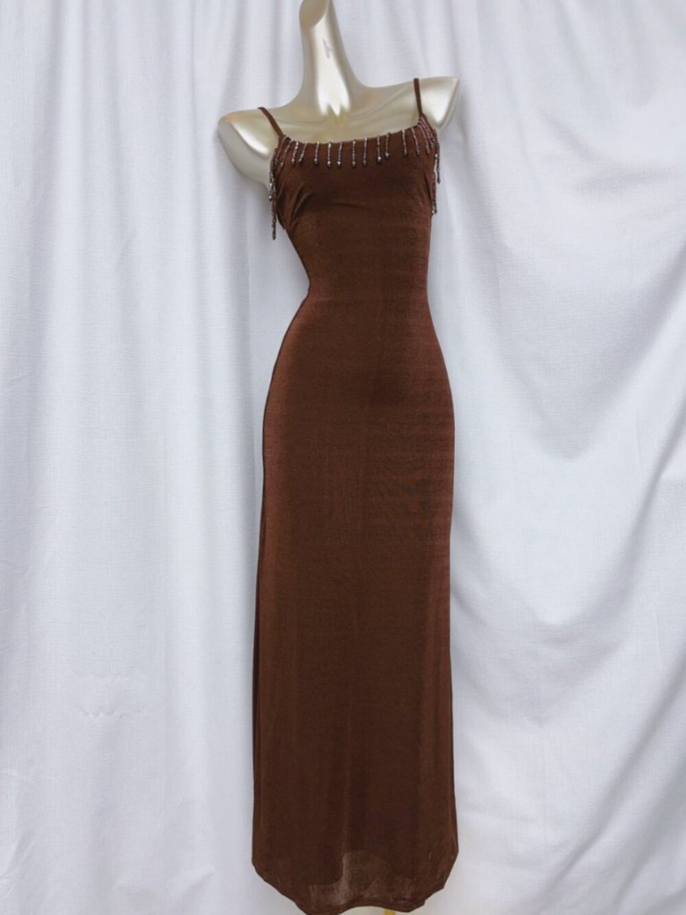 12th Tribe Serenade Espresso Beaded Maxi Dress XS/S/M Cafe Espresso - Picture 8 of 10